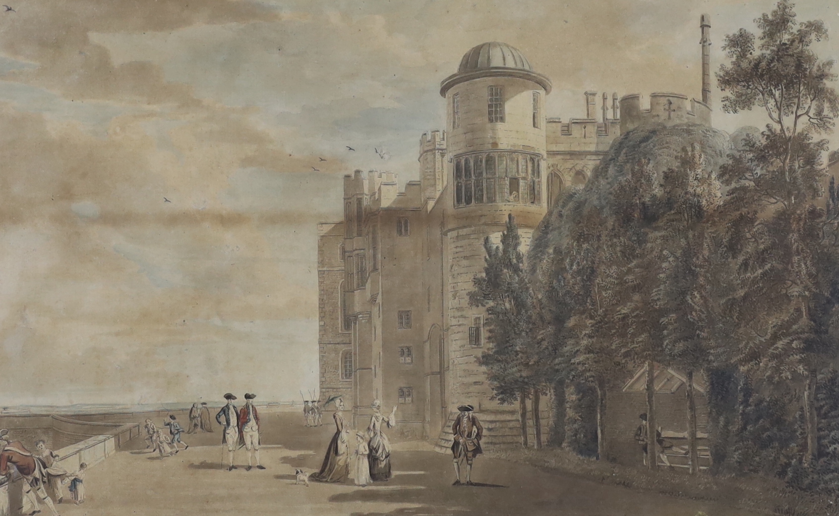 Attributed to Paul Sandby RA (1731-1809), pen, ink and watercolour, North Terrace of Windsor Castle, 29 x 44cm